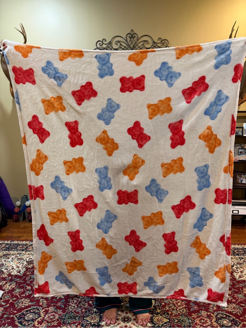 Soft Plush Bear Print Throw Blanket - White with Red, Orange, Blue Bears